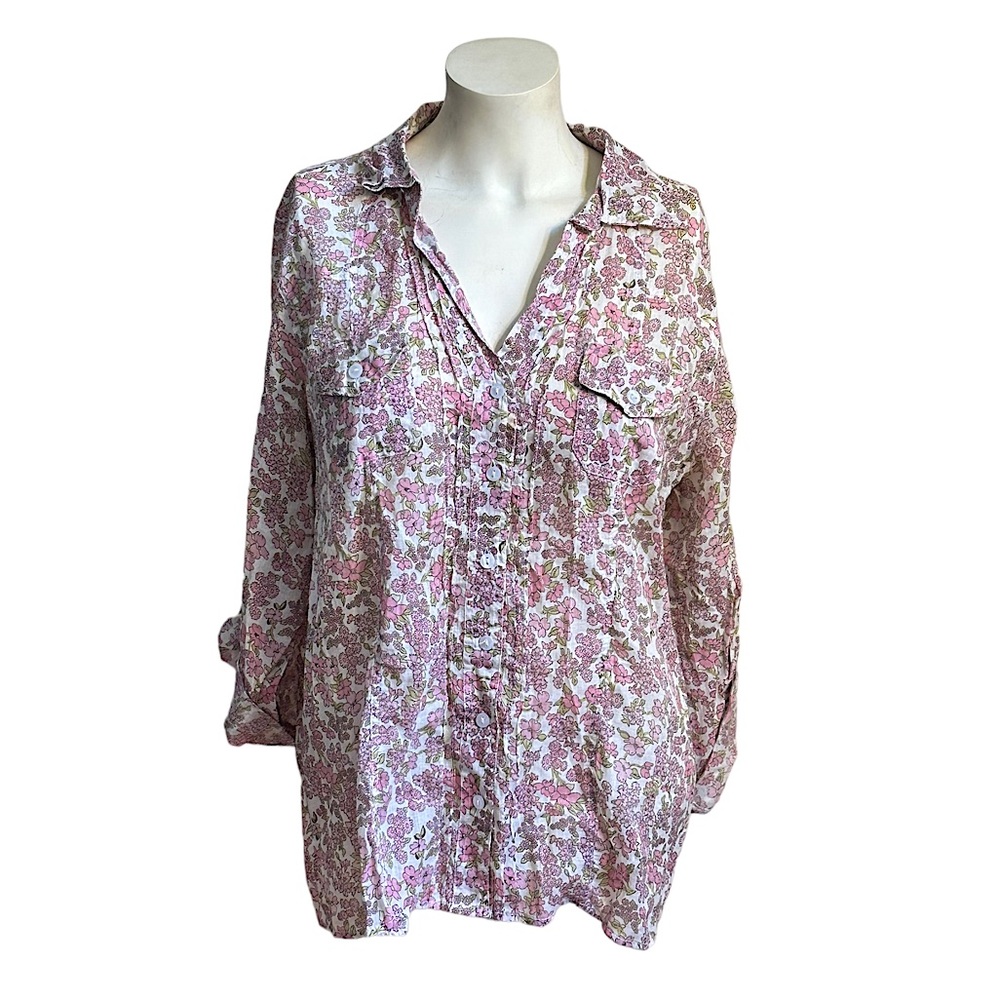 White and Pink Floral Button Down, Size XL